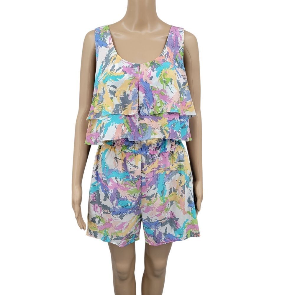 R 89 Silk Colorful Sleeveless Teired Flounce Shorts Romper